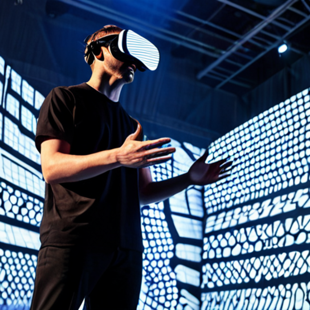 A professional male performer in modest, futuristic performance attire, wearing a sleek virtual reality headset, interacting with AI-generated holographic projections that depict dynamic abstract shapes and patterns. The performance takes place inside a repurposed, modern industrial building with high ceilings and clean, minimalist design, illuminated by programmable LED lights. The ambiance is cutting-edge and immersive, showcasing the integration of advanced technology in live art. The performer maintains a natural pose with perfect anatomy and correct proportions, featuring well-formed hands and proper finger count. safe for work, appropriate content, fully clothed, professional performance, high quality, cinematic lighting.