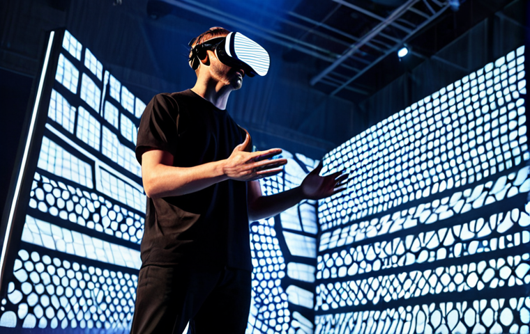 A professional male performer in modest, futuristic performance attire, wearing a sleek virtual reality headset, interacting with AI-generated holographic projections that depict dynamic abstract shapes and patterns. The performance takes place inside a repurposed, modern industrial building with high ceilings and clean, minimalist design, illuminated by programmable LED lights. The ambiance is cutting-edge and immersive, showcasing the integration of advanced technology in live art. The performer maintains a natural pose with perfect anatomy and correct proportions, featuring well-formed hands and proper finger count. safe for work, appropriate content, fully clothed, professional performance, high quality, cinematic lighting.